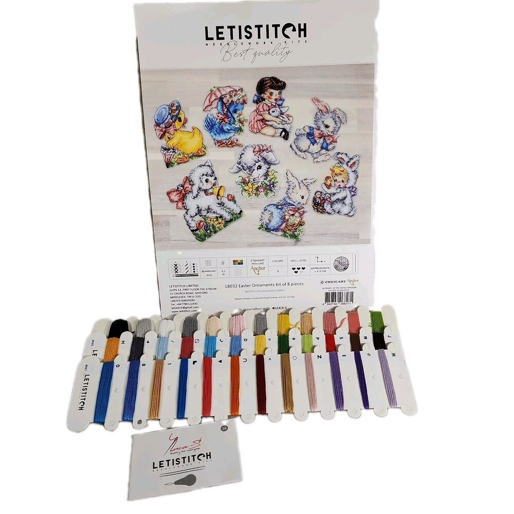 Luca-S Letistitch Cross Stitch Kit - 8 Easter Ornaments Rabbit Lamb Duck L8032